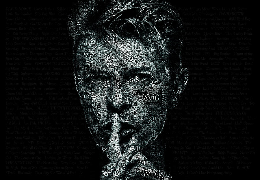 David Bowie Digital Art - David Bowie Text Portrait - Typographic poster with album titles and background with songs names by SP JE Art