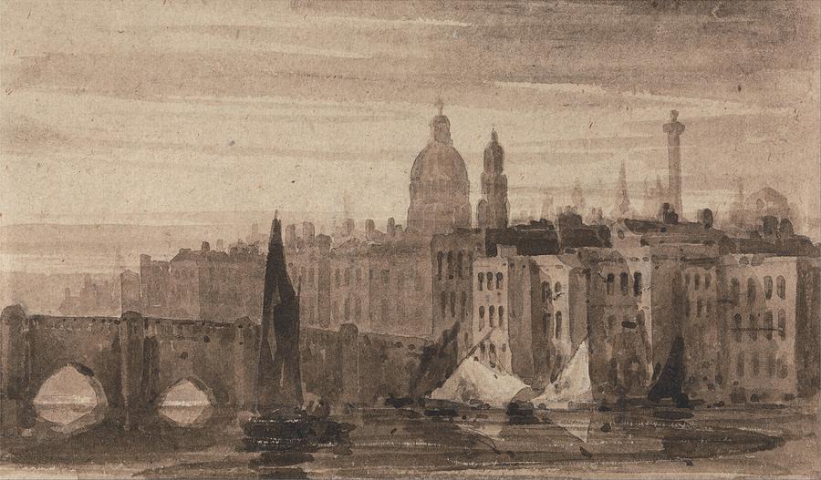 David Cox - Old London Bridge and St. Pauls Cathedral From the Thames Painting by Celestial Images