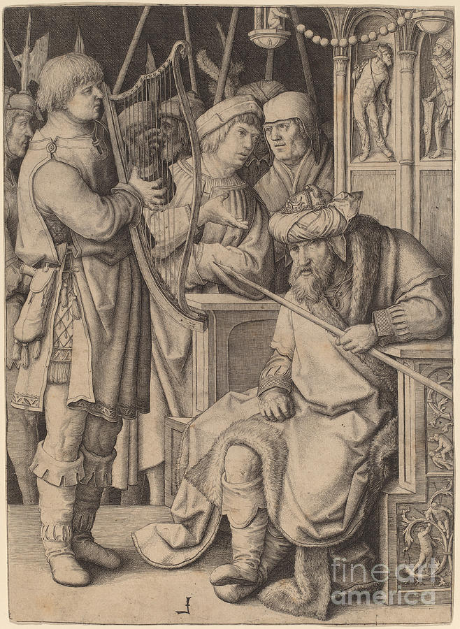 David Playing The Harp Before Saul Drawing by Lucas Van Leyden