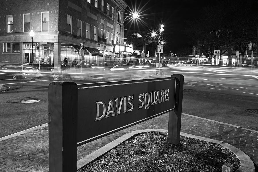 Davis Square Sign Somerville MA Black and White Photograph by Toby McGuire