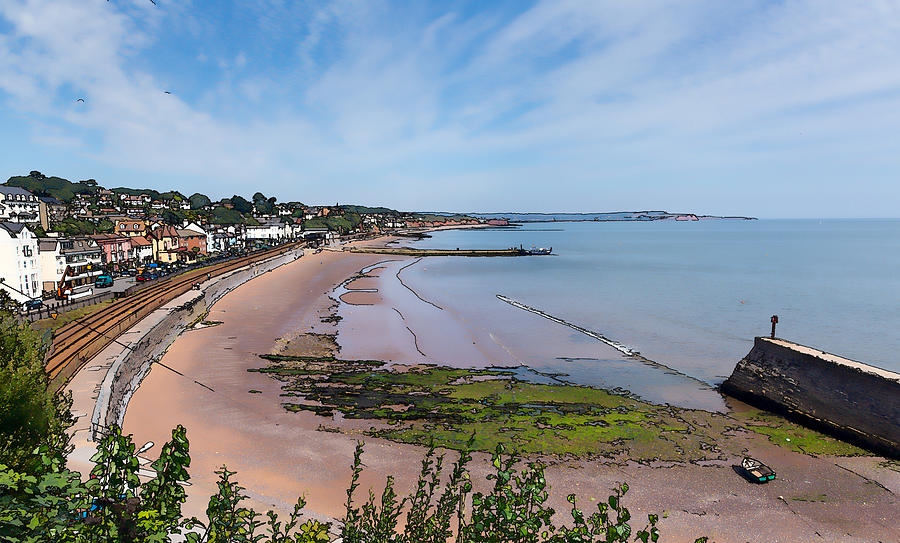 Dawlish Devon England with beach railway track and sea on blue sky ...