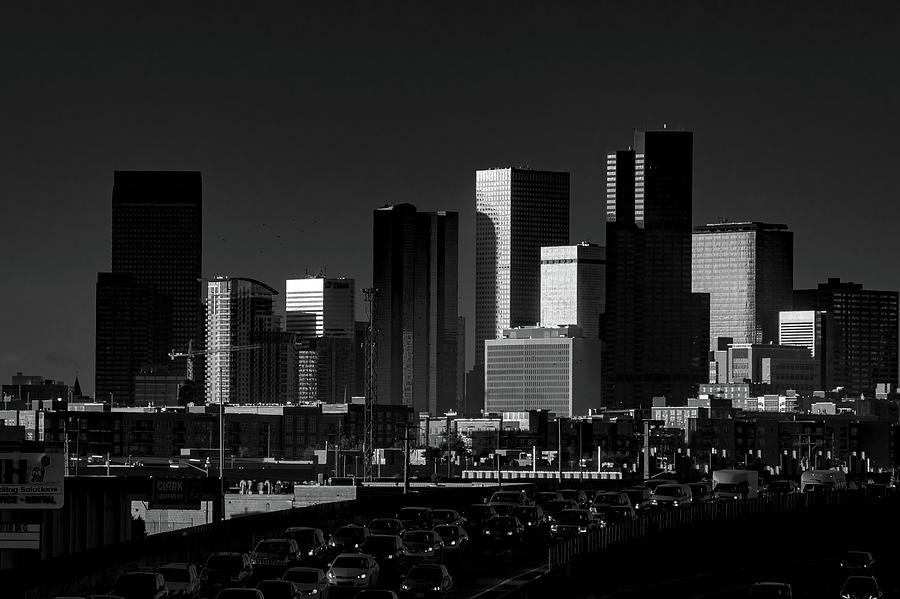 Dawn Falls Upon Downtown Denver - Black And White Photograph