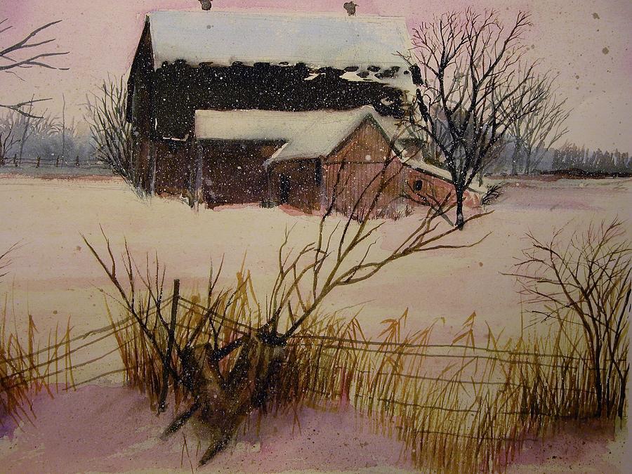 Dawn on a snowy barn Painting by Walt Maes