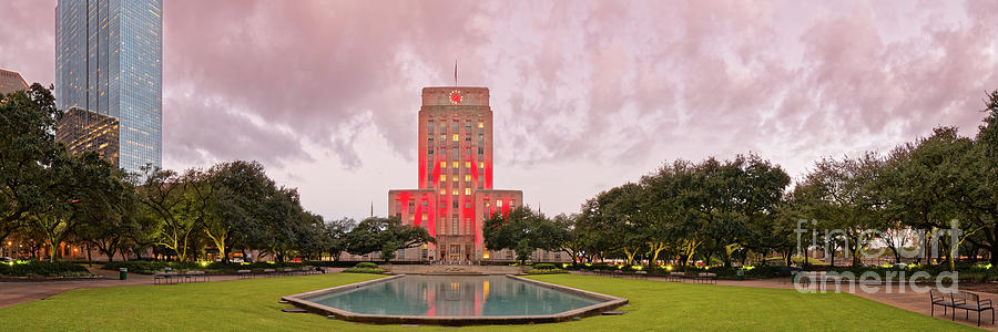 Dawn Panorama of Houston City Hall at Hermann Square - Downtown Houston Harris County Photograph by Silvio Ligutti