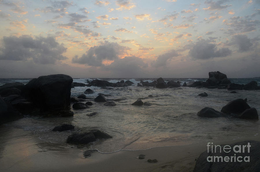 Dawn with Large Boulders Silhouetted in the Ocean in Aruba Photograph by DejaVu Designs