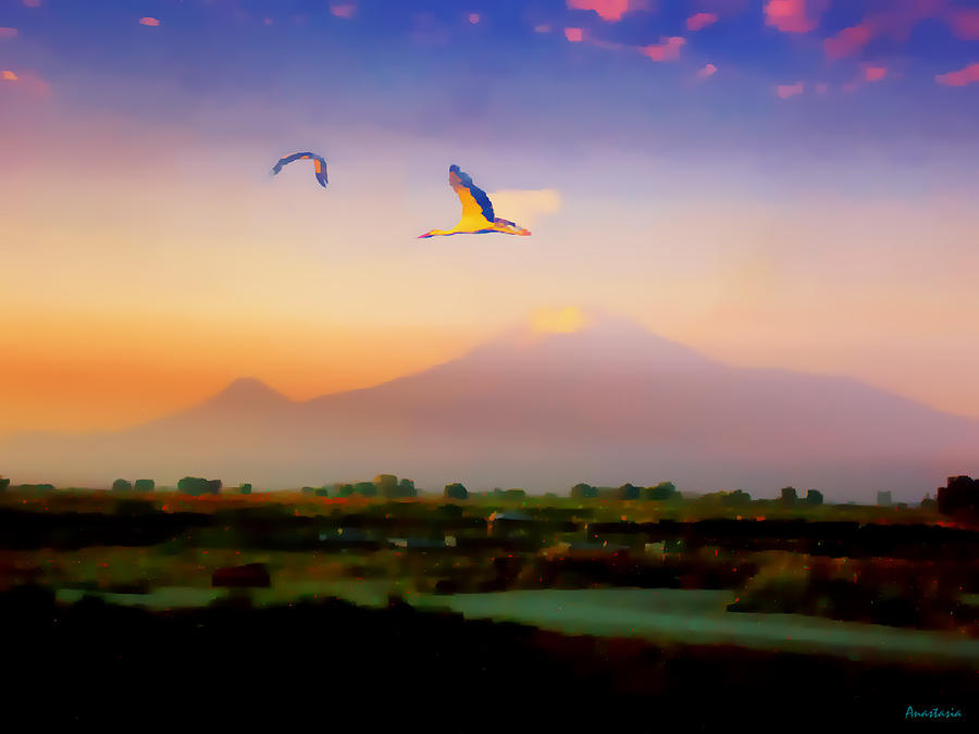 Stork Photograph - Dawn with Storks and Ararat from Night Train to Yerevan II by Anastasia Savage Ealy