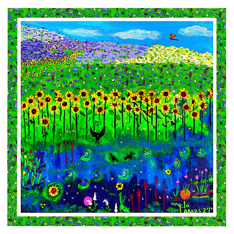 Sunflower Painting - Day and Night in a Sunflower Field with Floral Border by Angela Annas