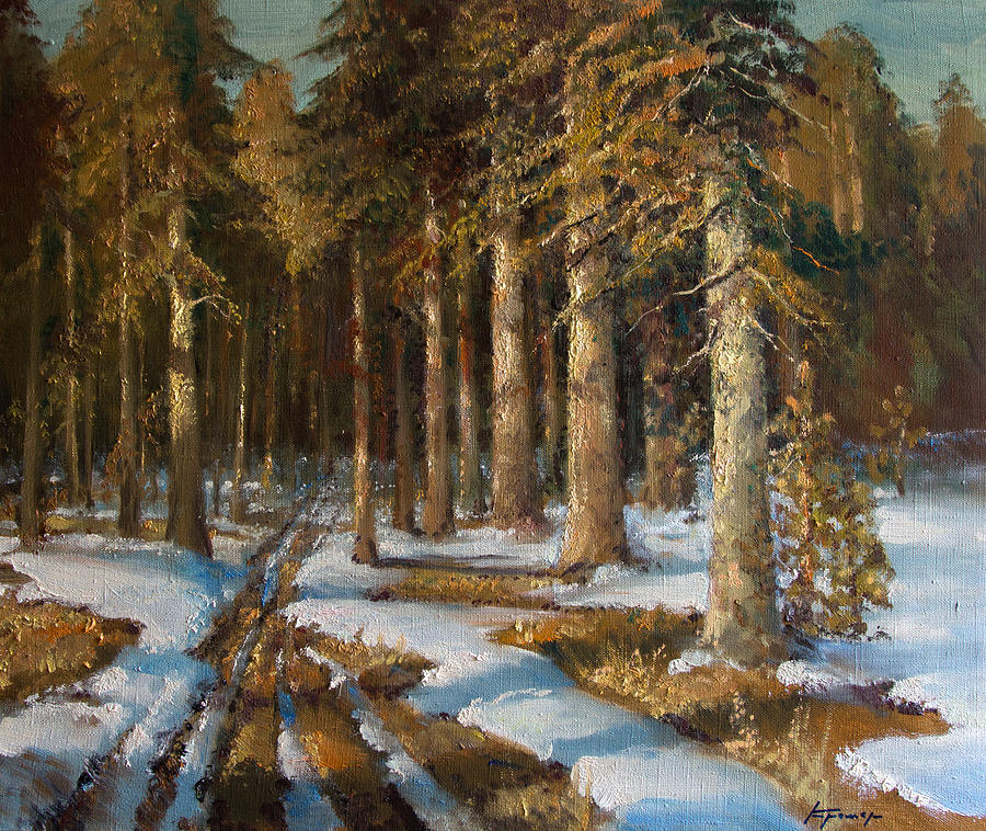 Nature Painting - Day in pine forest. Last spring snow by Mark Kremer
