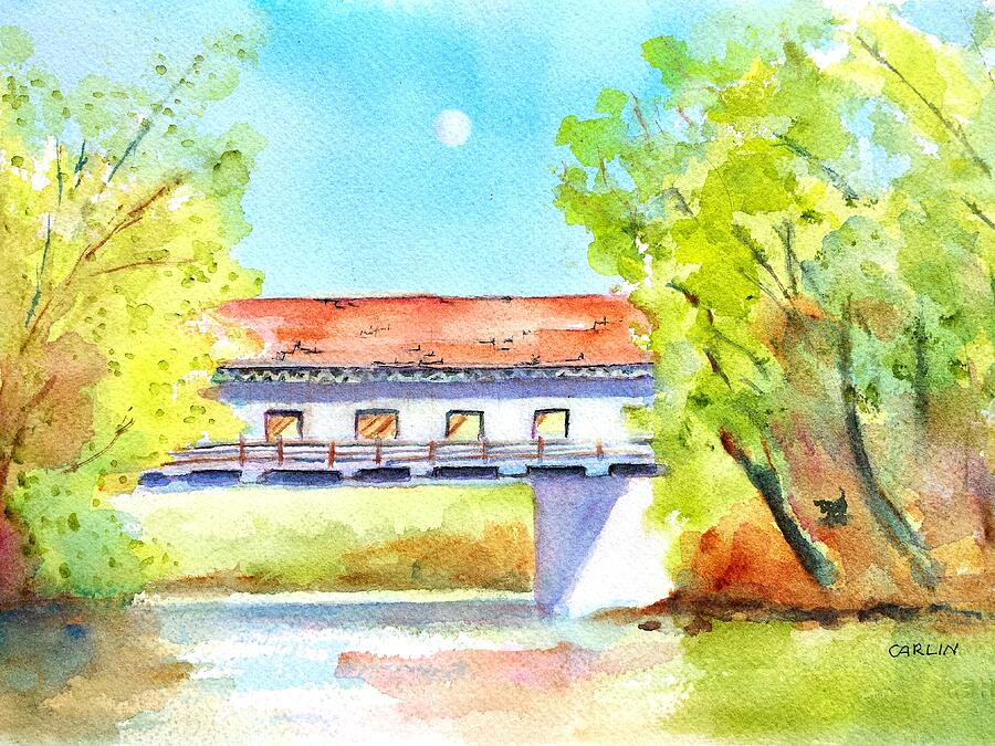 Day Moon over Covered Bridge Painting by Carlin Blahnik CarlinArtWatercolor