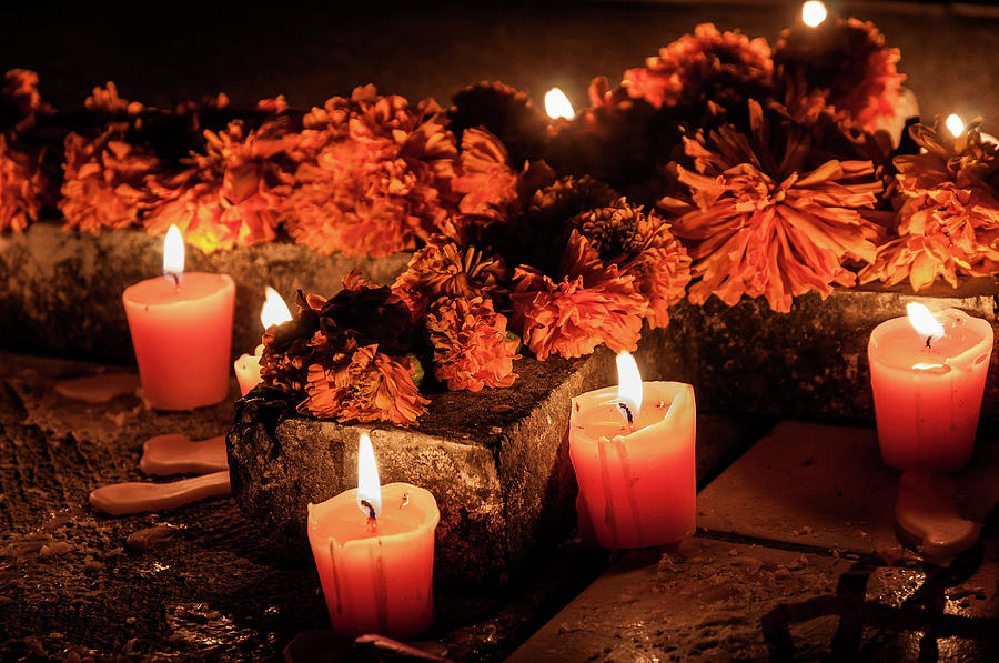 Day of the Dead Candles on a Grave Photograph by Dane Strom