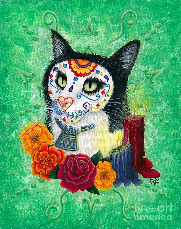 Day of the Dead Cat Candles - Sugar Skull Cat Painting by Carrie Hawks