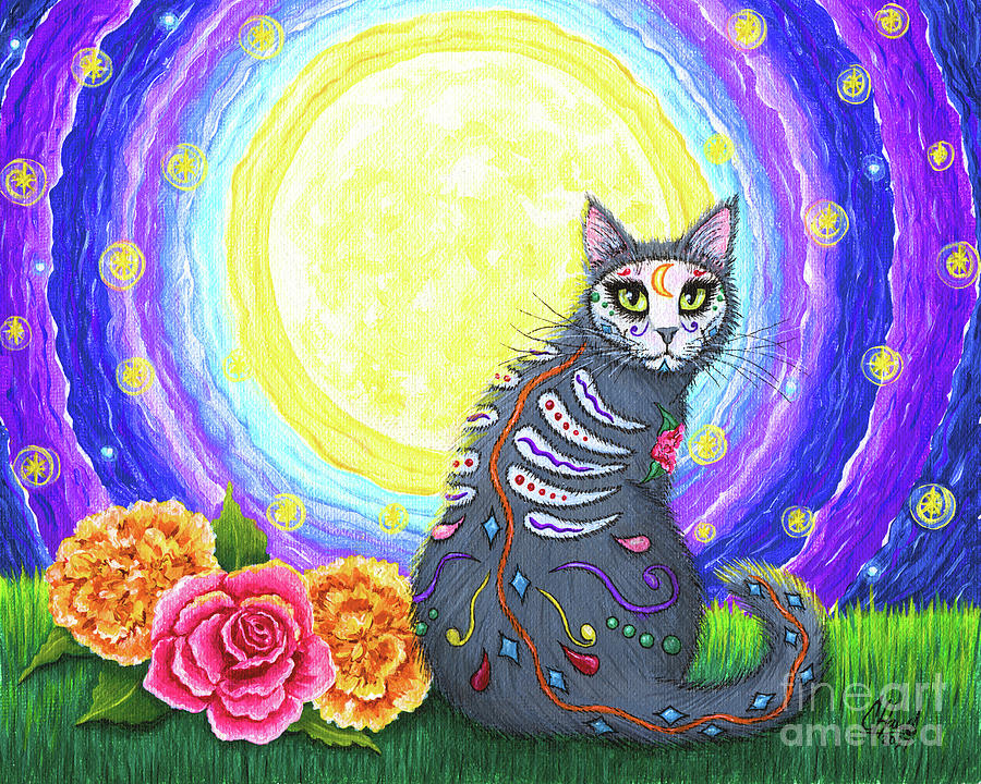 Day of the Dead Cat Moon - Dia de los Muertos Gato  Painting by Carrie Hawks