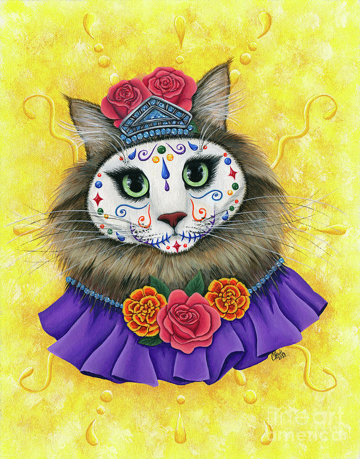 Day of the Dead Cat Princess - Dia de los Muertos Gato Painting by Carrie Hawks