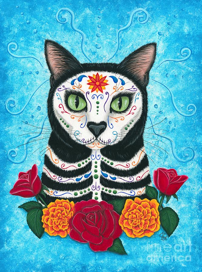 Day of the Dead Cat - Sugar Skull Cat Painting by Carrie Hawks