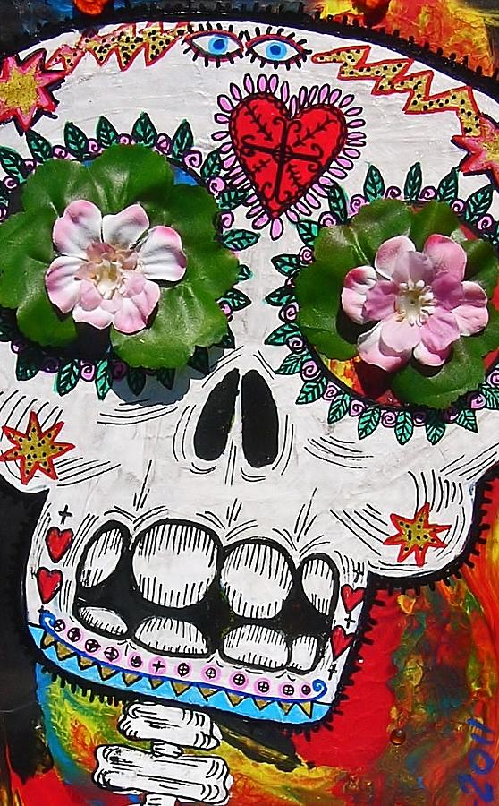 Flower Mixed Media - Day of the Dead Skeleton with Flowers and Stars by Nancy Mitchell