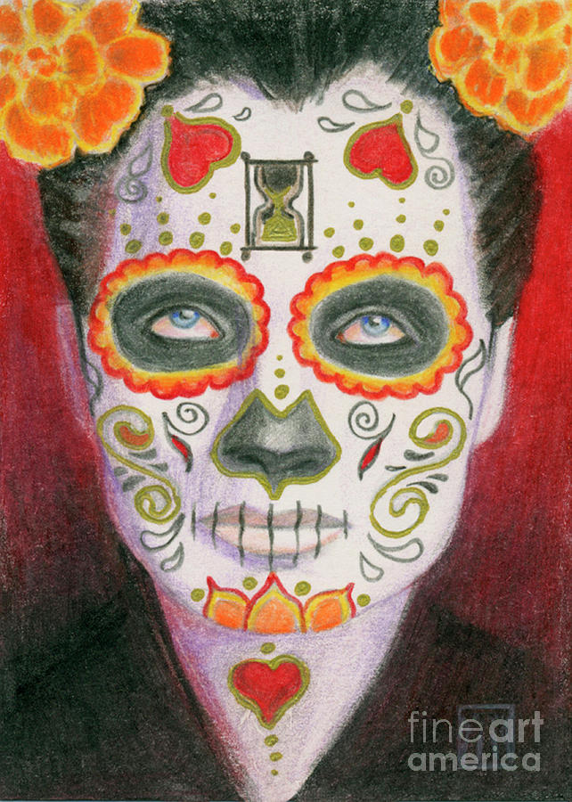 Day of the Dead Sugar Skull with Hearts Painting by Melissa A Benson