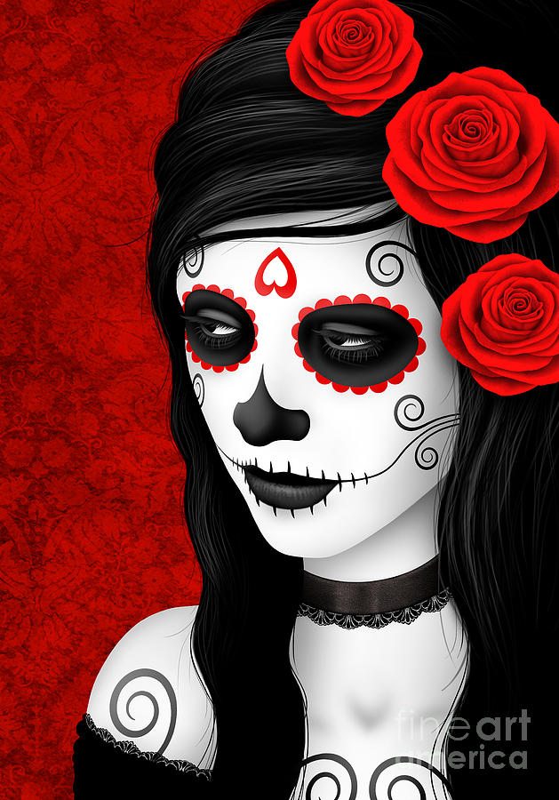 Rose Digital Art - Day of the Dead Sugar Skull Woman with Red Roses  by Jeff Bartels