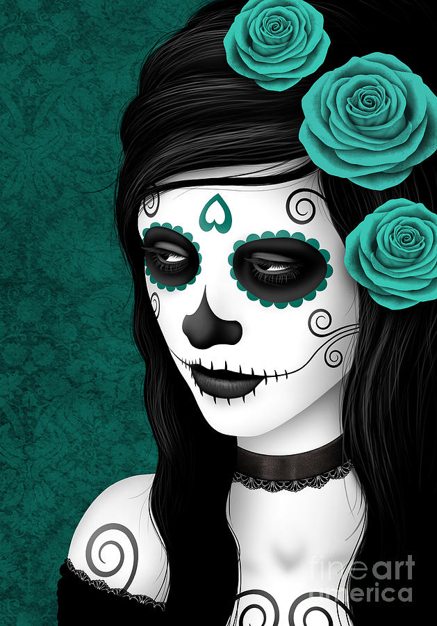 Rose Digital Art - Day of the Dead Sugar Skull Woman with Teal Blue Roses by Jeff Bartels
