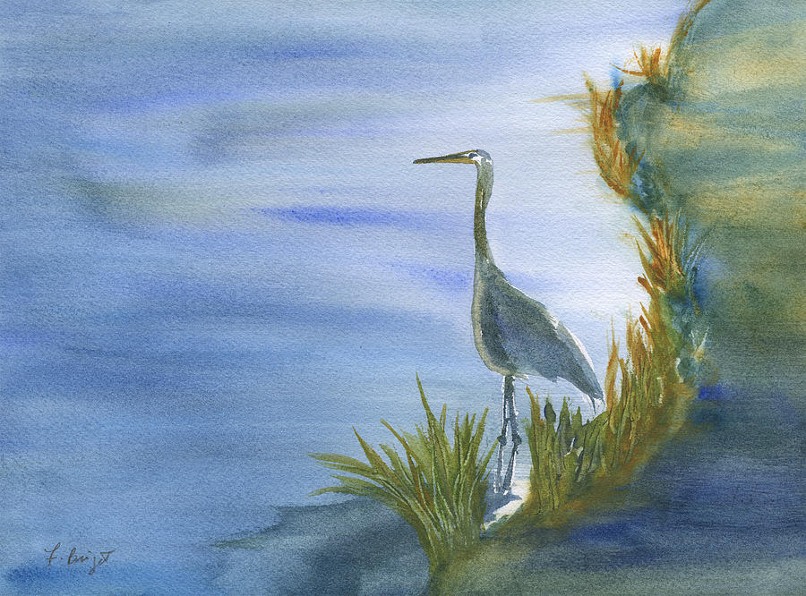 Daybreak with a Great Blue Heron  Painting by Frank Bright
