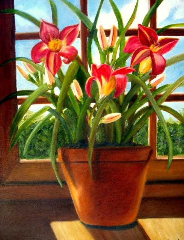 Daylilies in the Window Painting by Susan Dehlinger