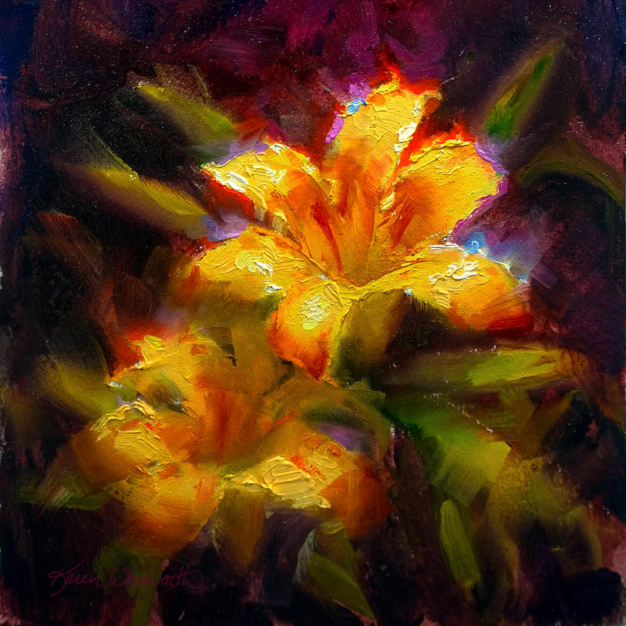 Yellow Daylily Painting - Daylily Sunshine - Colorful Tiger Lily/Orange Day-Lily Floral Still Life  by K Whitworth