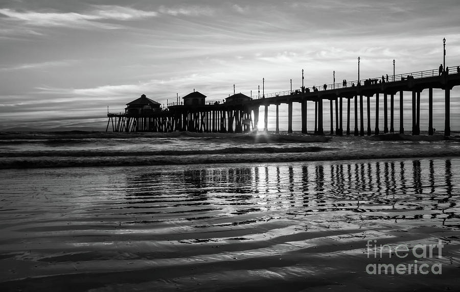 Huntington Beach - Days End Black White Photograph by Kip Krause