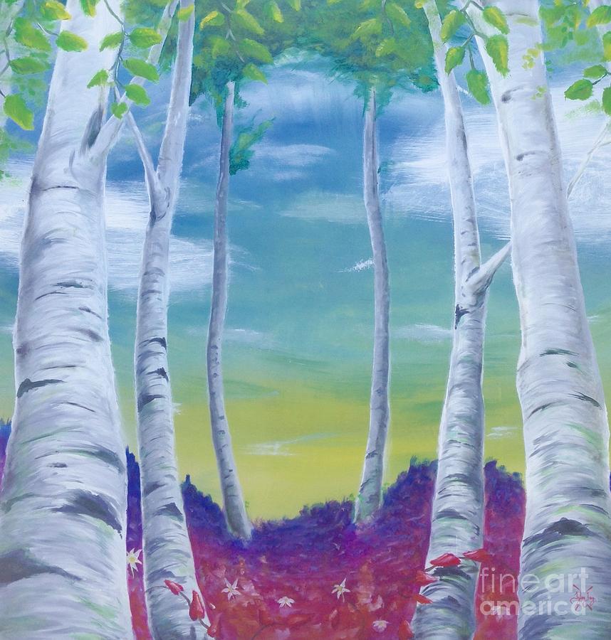 Days end on birch forest Painting by Tyler Haddox