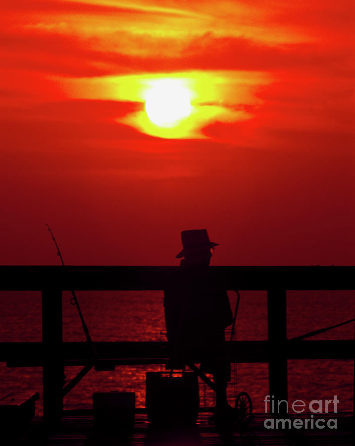 Daytona, beach, Atlantic, ocean, pier, fishing, sunrise, fisherman  Photograph by Tom Jelen