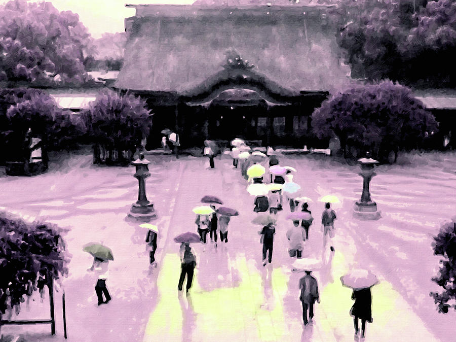 Dazaifu Tenmangu Shrine in the Rain Mixed Media by Susan Maxwell Schmidt
