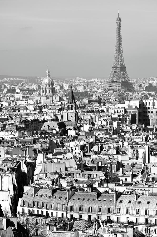 Dazzling Rooftops of Paris France with Les Invalides and Eiffel Tower Black and White Photograph by Shawn OBrien