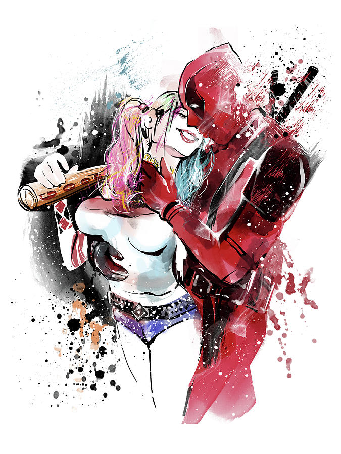 Deadpool Movie Painting - Deadpool Harley Quinn kiss by Unique Drawing