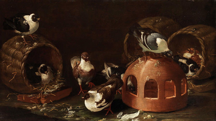 Owl Painting - Deaf between feed trough and baskets by Giovanni Agostino Cassana