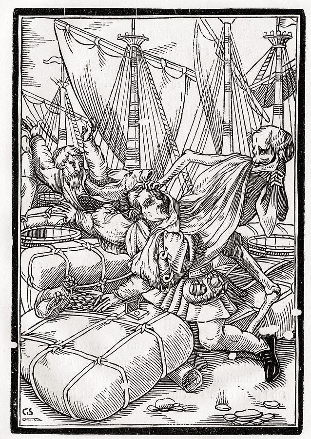 Black And White Drawing - Death Comes To The Merchant Woodcut By by Vintage Design Pics