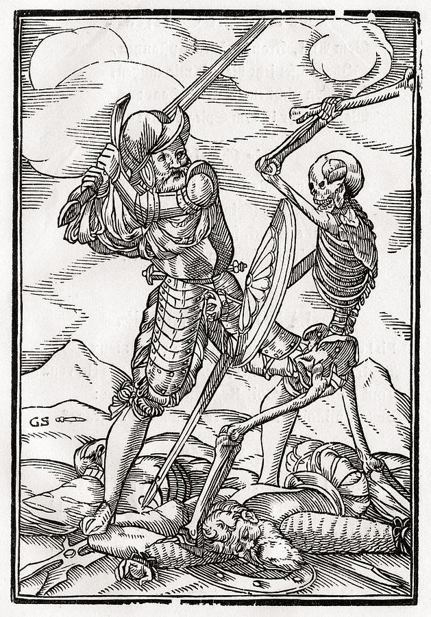 Black And White Drawing - Death Comes To The Soldier Woodcut By by Vintage Design Pics