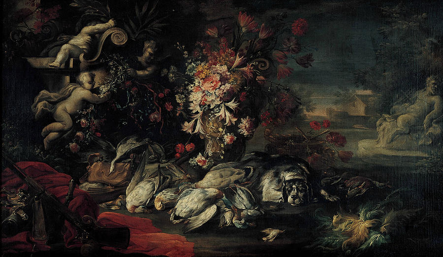 Death Nature with Shooting Gear and Flowers II Painting by Jean-Baptiste Oudry