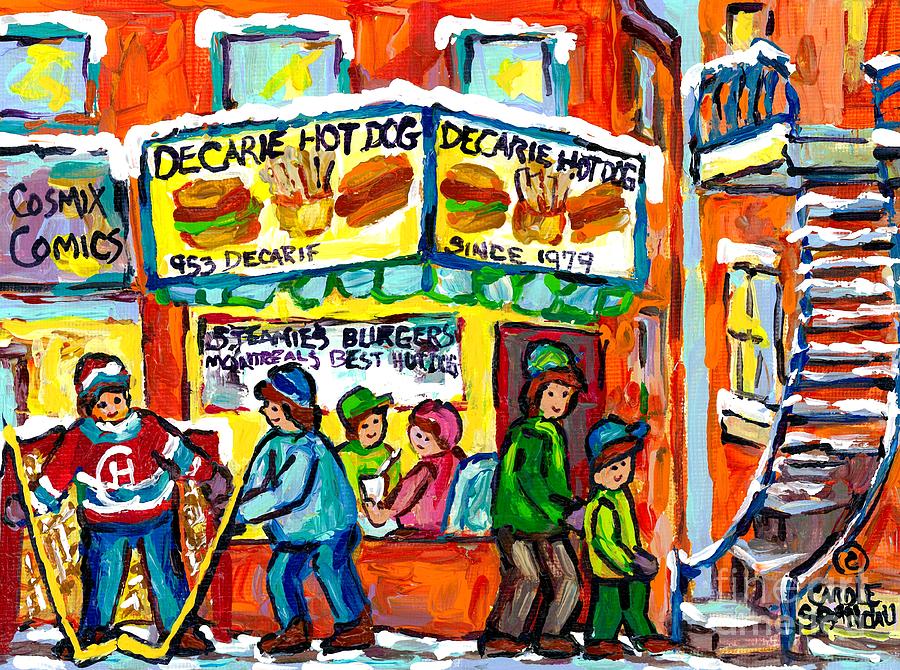 Decarie Hotdog Restaurant Montreal Winter Scene Hockey Game Canadian Art For Sale Carole Spandau Painting by Carole Spandau