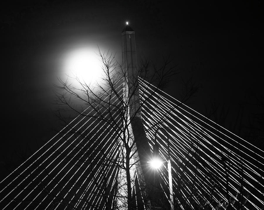December 2016 Supermoon over the Lenny Zakim Bridge Boston MA Black and White Photograph by Toby McGuire