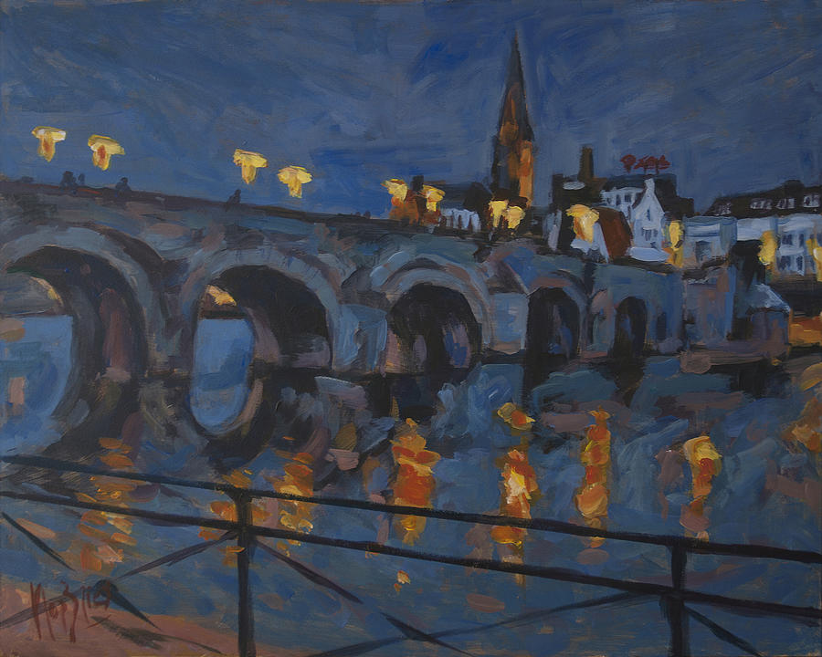 December lights old bridge Maastricht acryl Painting by Nop Briex