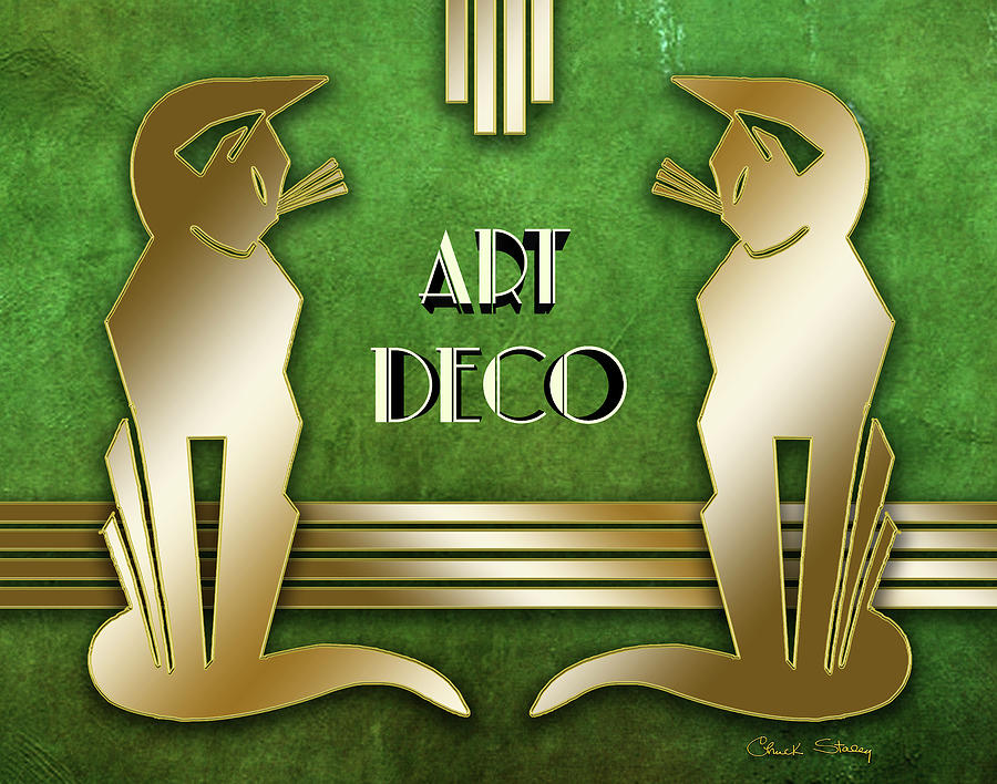 Deco Cats on Green Marble Digital Art by Chuck Staley
