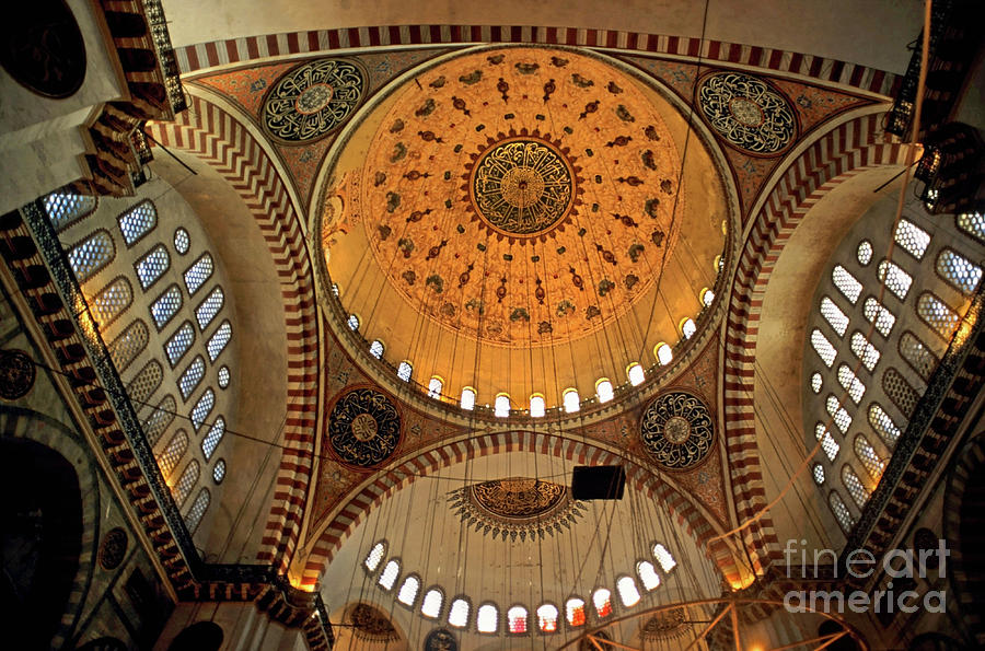 Decorated Dome And Windows Inside The Suleymaniye Mosque In Istanbul