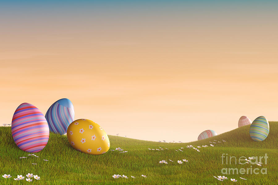 Decorated Easter eggs in a grassy hilly landscape at sunset Photograph ...