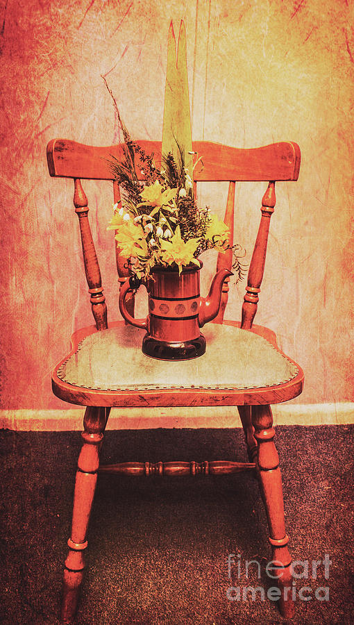 Vintage Photograph - Decorated flower bunch on old wooden chair by Jorgo Photography
