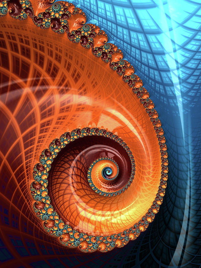 Decorative Fractal Spiral Orange Coral Blue Digital Art