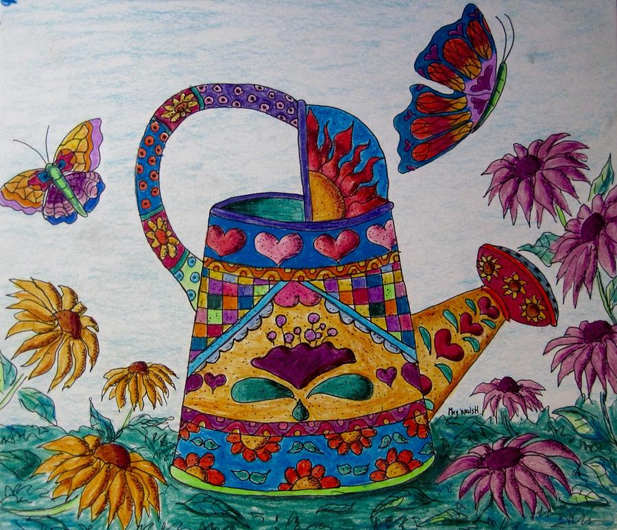 Decorative watering can Drawing by Megan Walsh