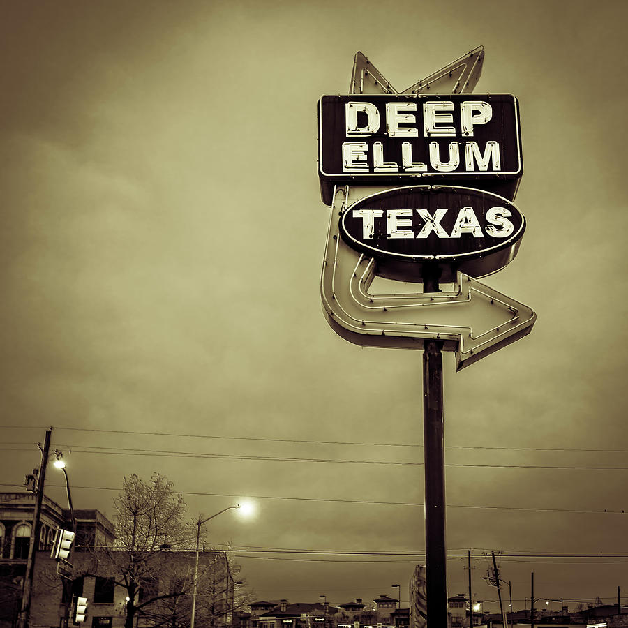 Deep Ellum Texas Vintage Neon Sign - Dallas Texas Sepia Square Art Photograph by Gregory Ballos