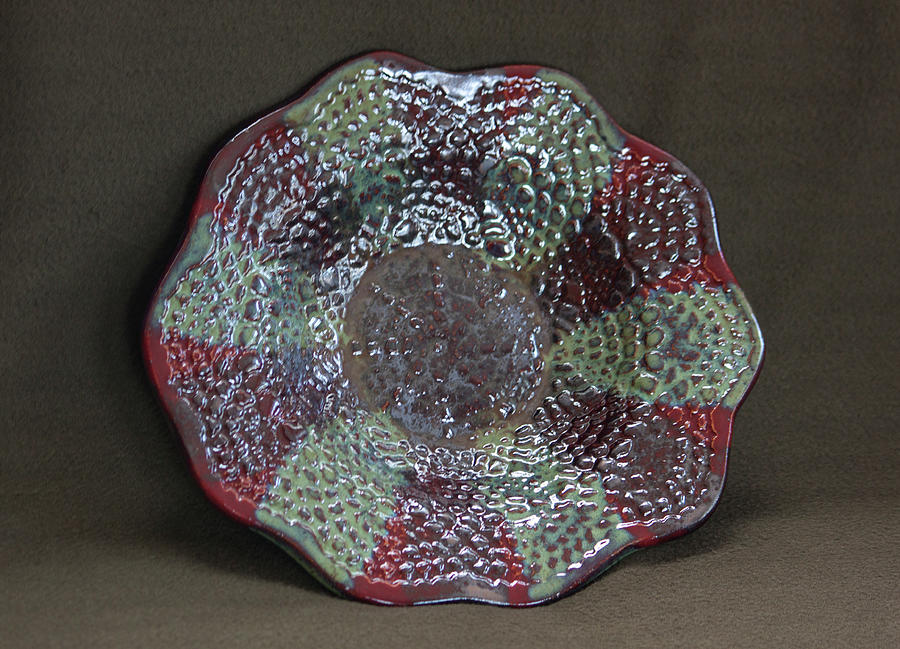 Deep Firebrick and Seaweed and Saturation Gold Textured Bowl Ceramic Art by Suzanne Gaff