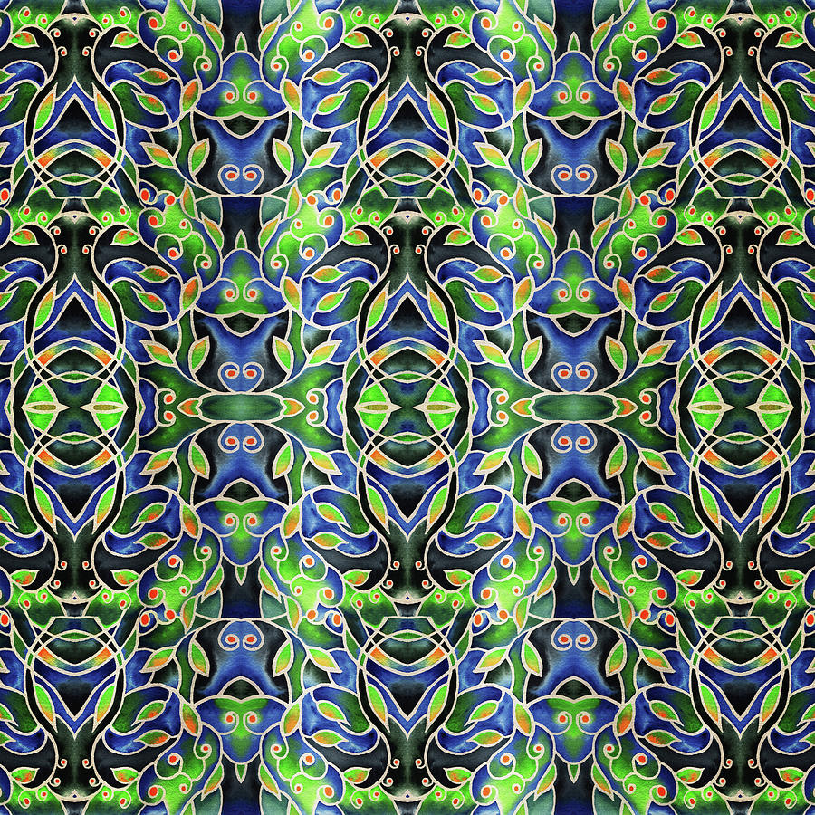 Deep Green And Blue Watercolor Pattern Batik Style Painting by Irina Sztukowski