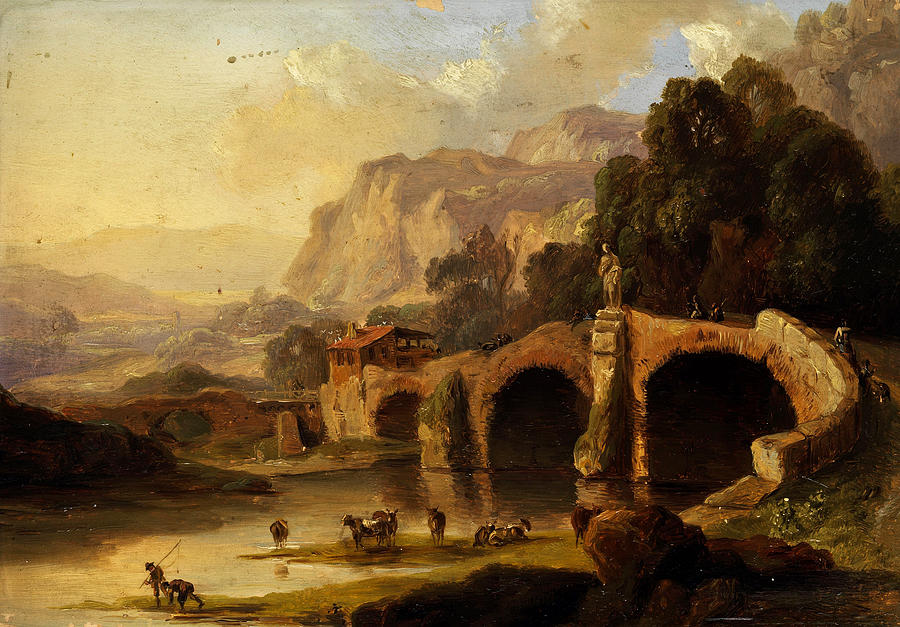 Deep landscape with river and bridge Painting by August Christian Geist