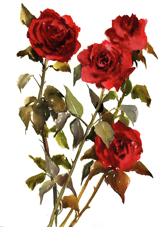 Deep Red Roses Painting by Suren Nersisyan
