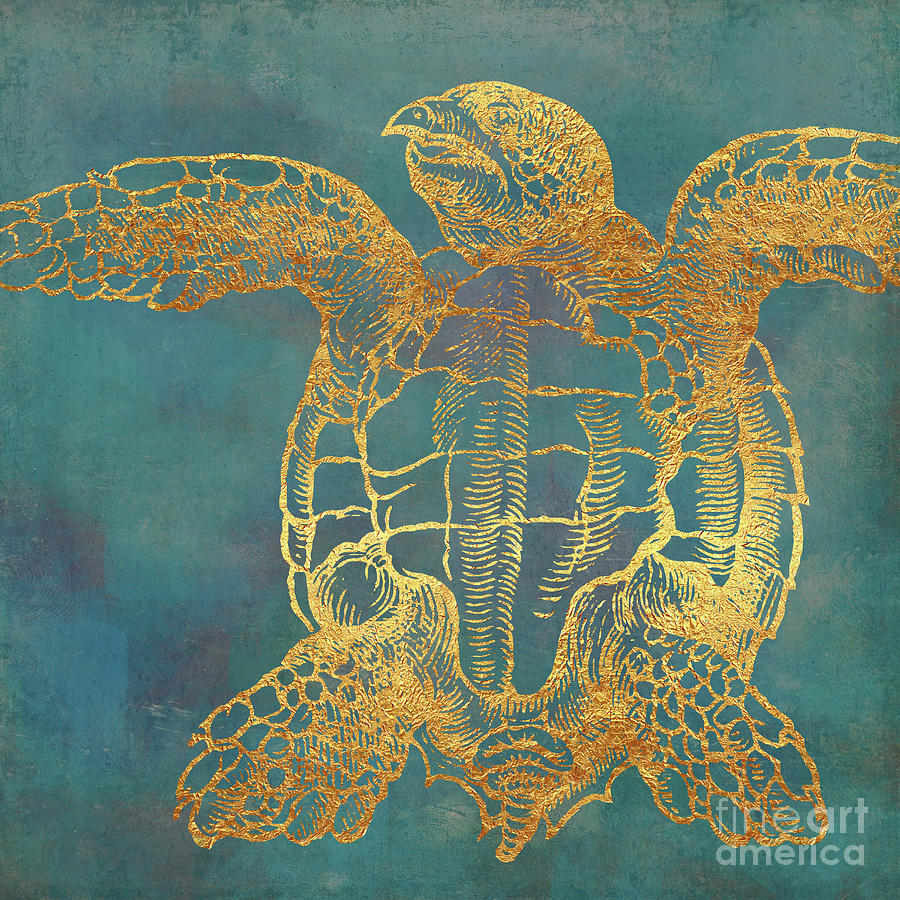 Deep Sea Life III Golden Sea Turtle, ocean texture Painting by Tina Lavoie